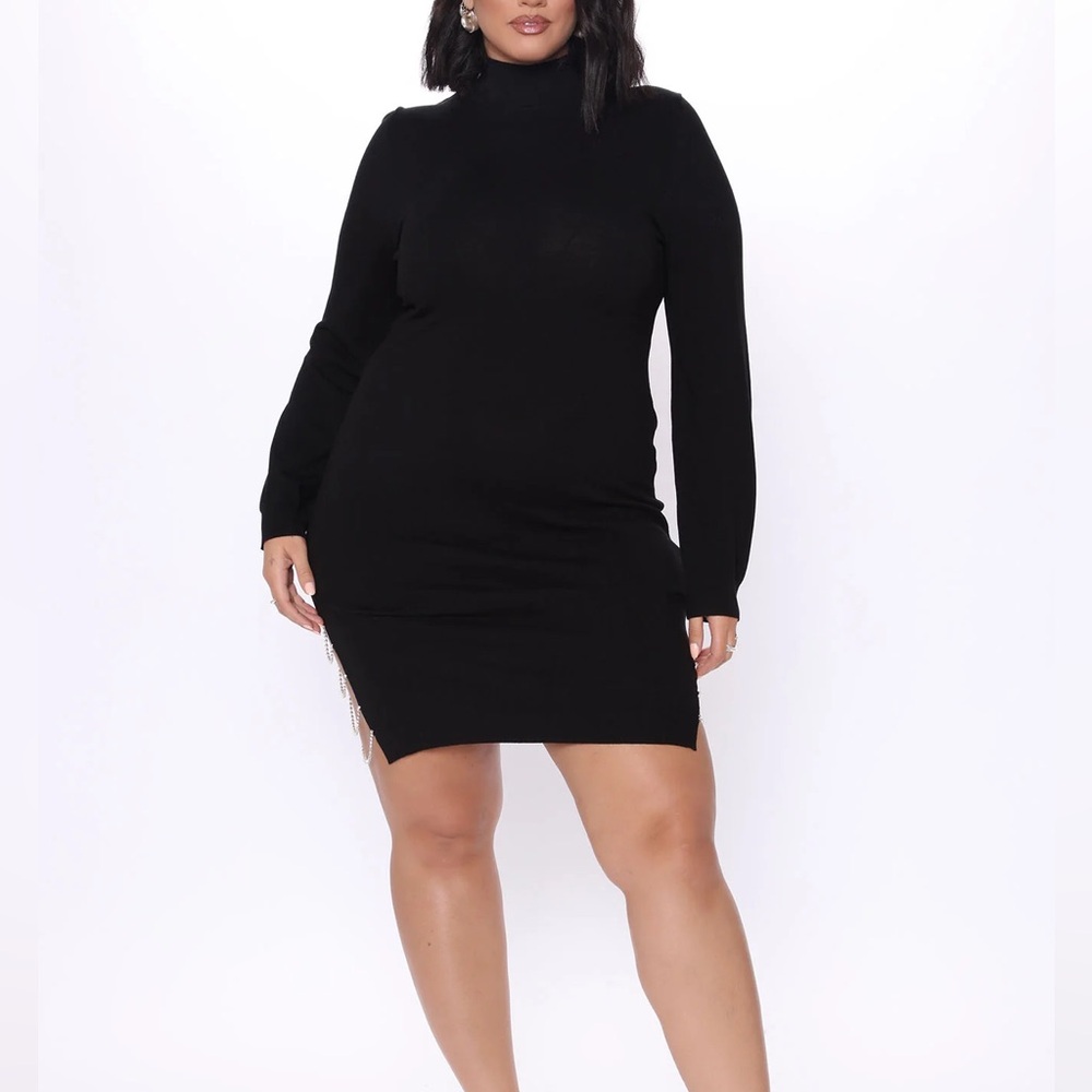 Black sweater mini dress.